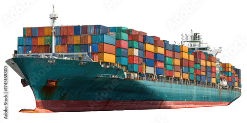 Large cargo ship loaded with colorful shipping containers, ready for long ocean voyage