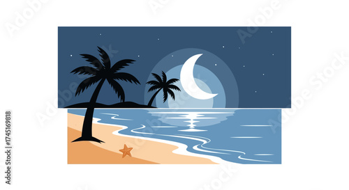 Serene tropical beach illustration with crescent moon palm trees and calm ocean view evoking
