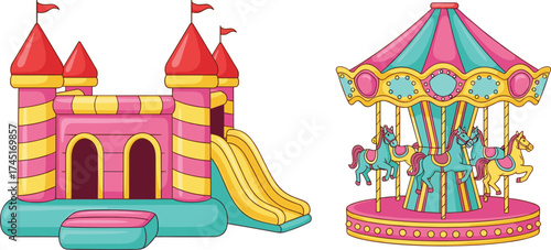 Colorful amusement park illustration with inflatable castle and carousel ride, fun playground design, entertainment fair theme, joyful childhood concept