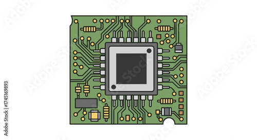 Detailed illustration of a modern circuit board with intricate pathways and components