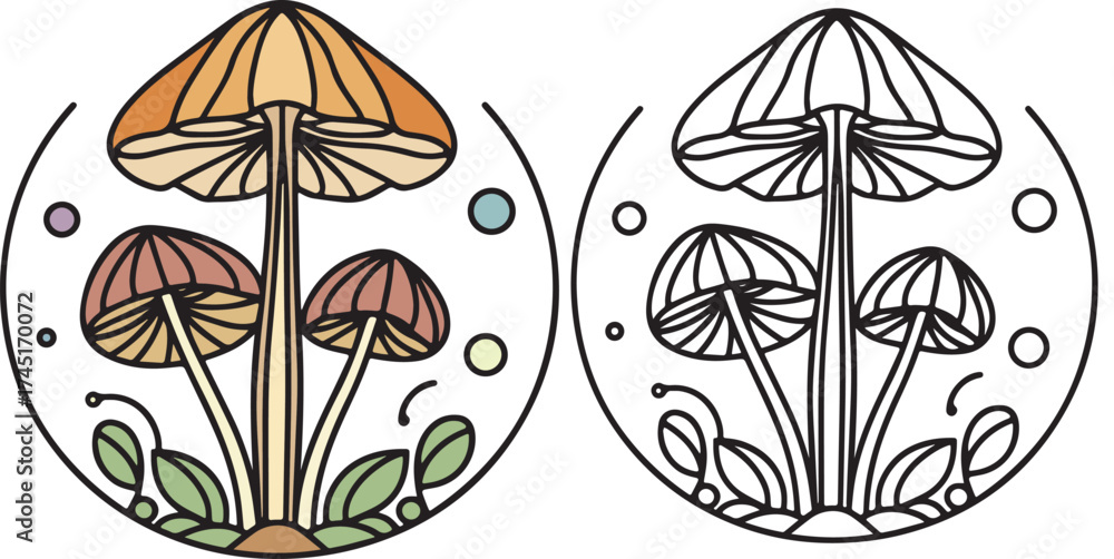 Obraz premium Enchanted Woodland Mushrooms Illustrated in a Decorative Circular Frame