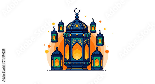 Detailed islamic lanterns arrangement, showcasing intricate geometric patterns and warm vibrant