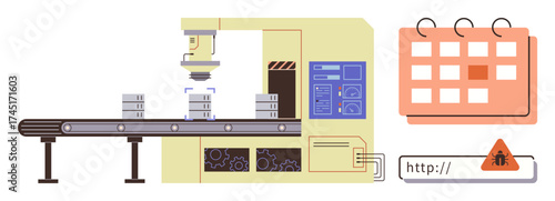Industrial conveyor system moves products under scanner for inspection, calendar and warning icon display key progress and alerts. Ideal for manufacturing, productivity, scheduling, automation