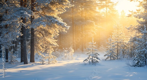 Snow-covered pine forest at sunrise, soft golden light, peaceful winter landscape.