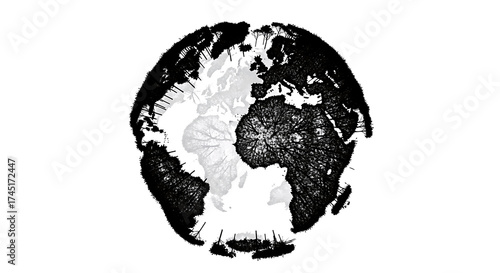 Earth Globe Map Formed by Trees and Forests, Global Environment and Nature Concept in Black and White