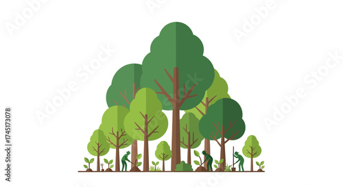 Silhouetted figures planting saplings under a forest of flat design trees showing environmental