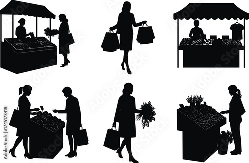 Silhouette women shopping at market, buying vegetables and flowers, holding bags, retail vendor stalls, grocery store, fashion, lifestyle illustration