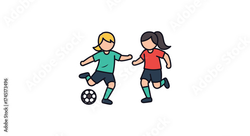 Cartoonish illustration of two female soccer players during friendly match practice session