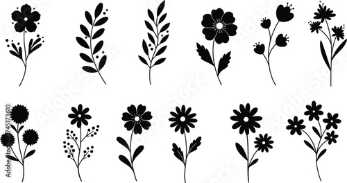 Floral silhouette collection with leaves and flowers, botanical vector design, minimalist nature illustration, black flower pattern, decorative plant artwork, art