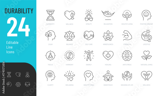 Durability Line Editable Icons set. Vector illustration in modern thin line style of components of long life human related icons: balance, vitality, relaxation, and more. Isolated on background
