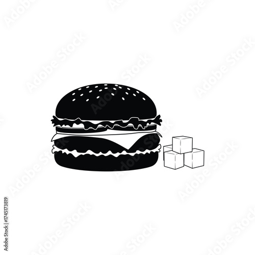 Illustration of a burger with lettuce, cheese, and a sesame seed bun next to sugar cubes, showcasing fast food
