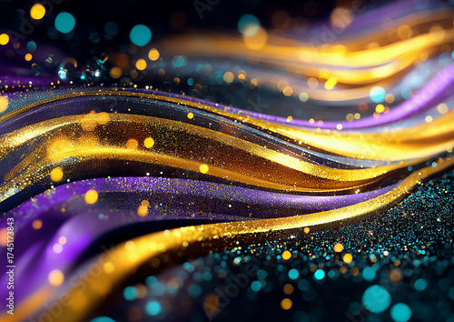 Glitter Gold Colorful Wave Stripes Banner Design. Shiny moving lines design element with bokeh effect background