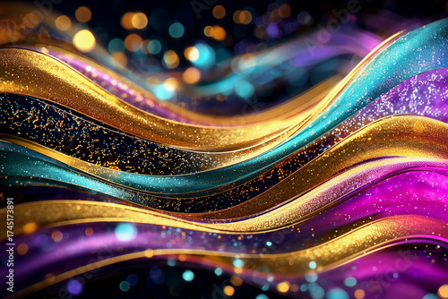 Glitter Gold Colorful Wave Stripes Banner Design. Shiny moving lines design element with bokeh effect background