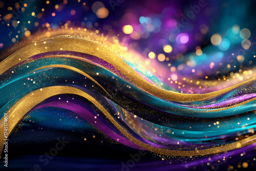 Glitter Gold Colorful Wave Stripes Banner Design. Shiny moving lines design element with bokeh effect background