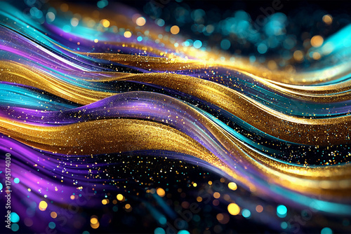 Glitter Gold Colorful Wave Stripes Banner Design. Shiny moving lines design element with bokeh effect background