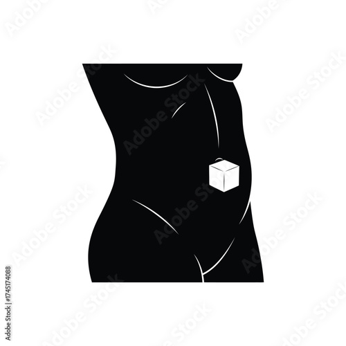 Silhouette of a woman's torso with a sugar cube near the stomach, symbolizing sugar cravings and the impact of sugar on the body