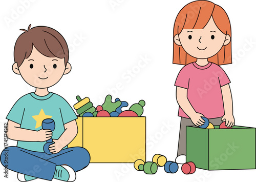 Happy children playing together with colorful toys, little boy and girl organizing toy boxes, fun kids activity illustration, learning playtime
