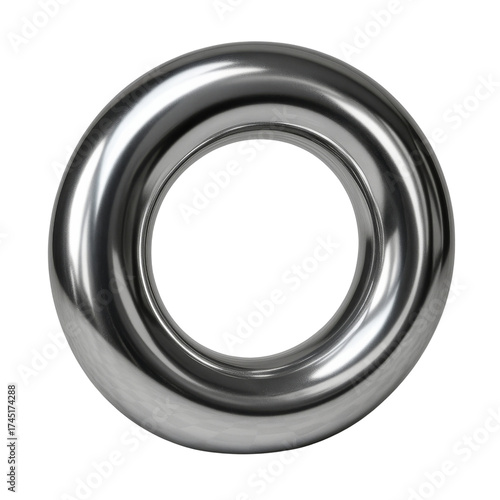 A metallic ring with a smooth, reflective surface, isolated in a studio setting, highlighting its circular form and sleek design.