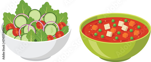 Healthy fresh vegetable salad and hot tomato soup bowl, vegetarian meal illustration, organic food concept, nutritious diet vector art