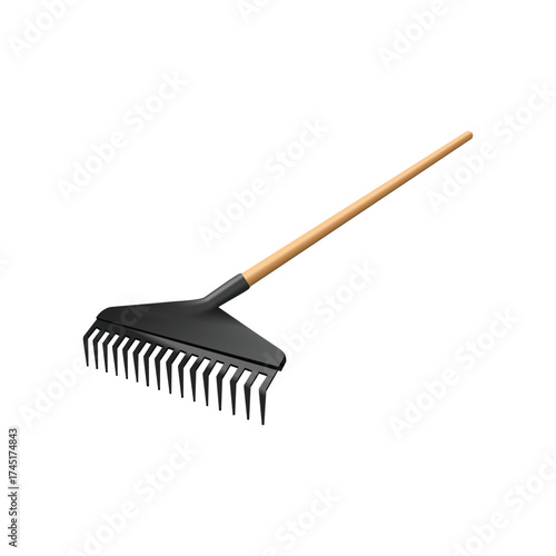 Black Steel Rake with Wooden Handle Garden Tool Equipment Illustration Gardening Clean Up Leaves Debris Yardwork Design
