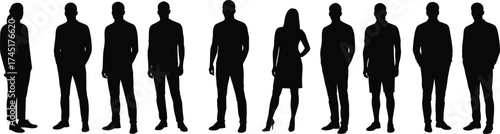 Silhouette of diverse people standing together, group of men and women, teamwork, unity, business concept, leadership and collaboration