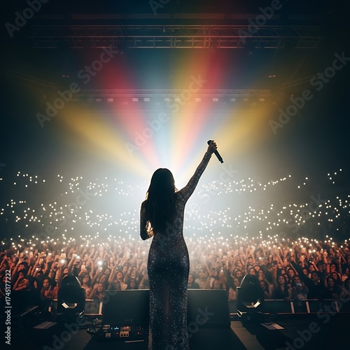 Singer Performing on Stage to a Large Crowd with Lights.