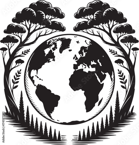 Earth embraced by trees and nature's silhouette