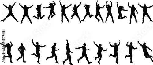 Silhouette of people jumping and running in motion, energetic human figures celebrating freedom, fitness exercise, active lifestyle, teamwork, joy, happiness