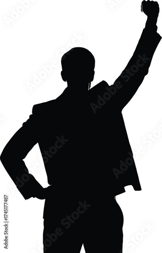 Black silhouette of confident man raising fist, empowerment gesture, protest symbol, victory pose, vector illustration for motivation, activism, leadership, and strength