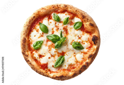 Overhead shot of a freshly baked pizza with cheese, sauce, and basil leaves on a dark background