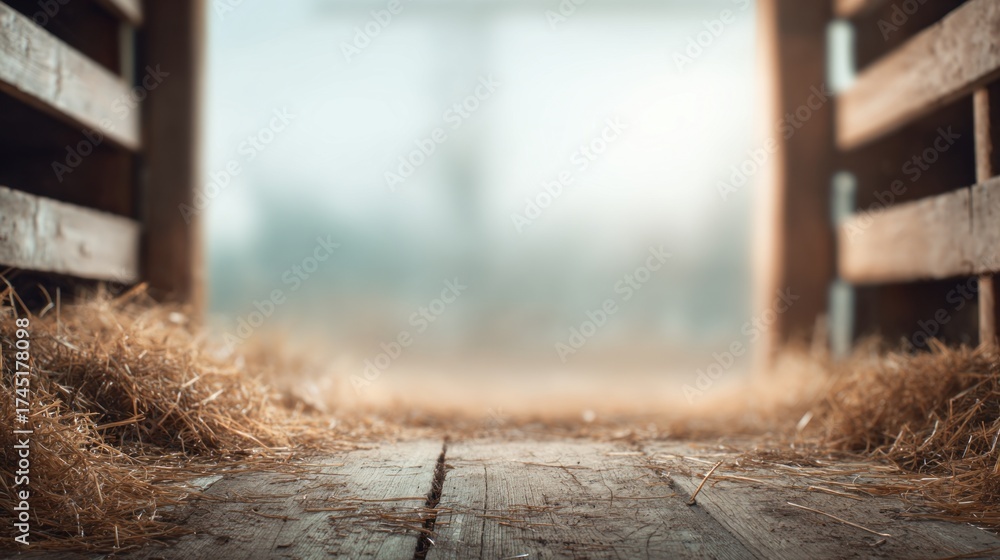 Fototapeta premium Warm blurred background with hints of hay and wooden textures, subtle light through barn doors, atmosphere of diligence and simplicity, clear copy space.