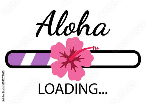 Logo destino de vacaciones. Palabra hawaiana Aloha Loading con barra de progreso de descarga con flor de hibisco