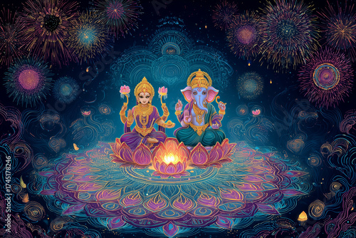 Illustration of Lakshmi and Ganesha with fireworks and glowing mandala for Diwali.