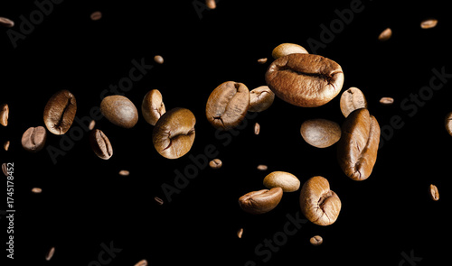 Coffee beans form a spiral pattern on a black background