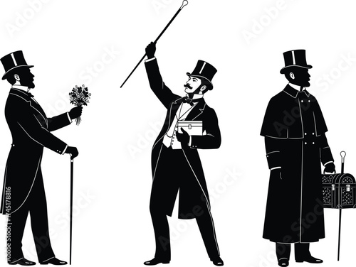Victorian silhouettes, formal 19th-century men, bouquet holder, book reader, box carrier, top hat fashion, antique style, vintage poses, historical character illustration