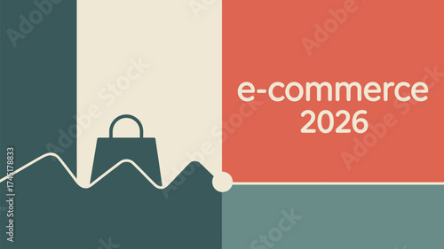 A graphic depicting e commerce with a shopping bag icon and a line graph indicating trends for the year