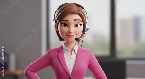 Professional Cartoon Woman with Headset in Office Setting.