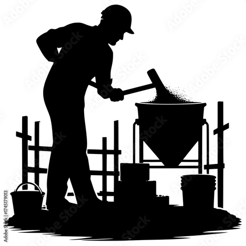 Builder Mixing Cement in Bucket Vector
