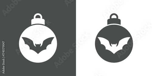 Tiempo de Navidad. Decoración de Halloween. Logo con silueta de bola de navidad con murciélago para tarjetas y felicitaciones