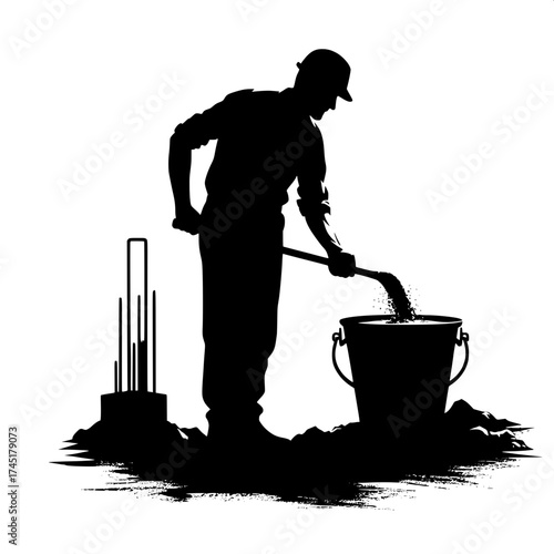 Builder Mixing Cement in Bucket Vector