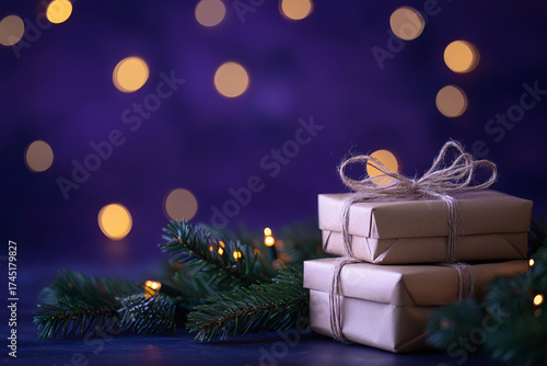 Christmas tree and gifts on a purple background.