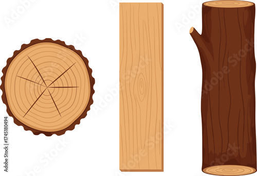 Wood log, wooden plank, and tree trunk cross-section illustration showing timber texture, lumber material, and natural wood pattern design