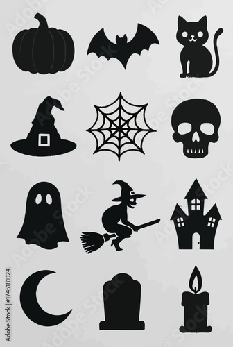 Spooky Halloween silhouettes create a fun, festive vibe for your holiday designs with ghosts, bats, and witches on broomsticks for seasonal creativity