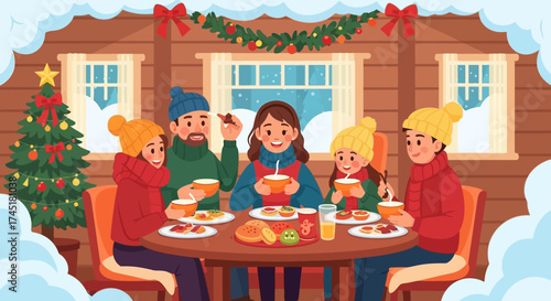 Festive family gathering in cozy cabin for winter holiday meal celebration atmosphere