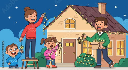 Family decorating house exterior with string lights, preparing for festivities and celebrating