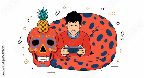 Gaming amidst vibrancy colorful scene of digital entertainment and cultural fusion, a creative