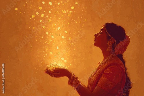 Painting-style digital illustration of Lakshmi showering gold coins for Diwali.