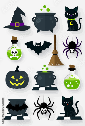 Spooky Halloween icons for your designs with black cat, pumpkin, witch hat, potion, cauldron, spider, and bat for a festive celebration of frights