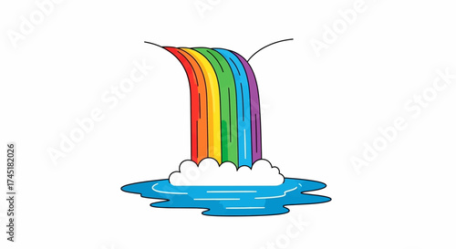 A vibrant rainbow waterfall cascading into a serene pool creating a magical and whimsical scene