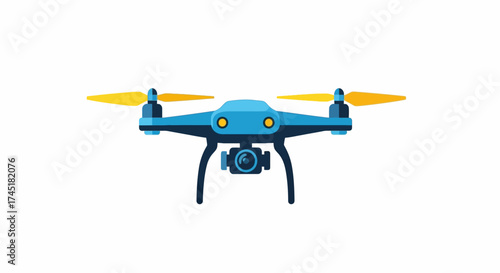 Modern blue drone illustration with camera and yellow propellers, suitable for stock usage